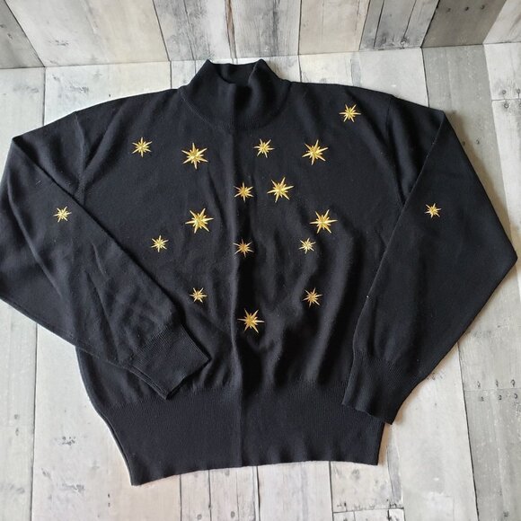 Vintage - Jones Wear Black Mock Neck Sweater With Gold Embroidered Stars -Size L - Picture 1 of 5